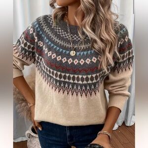 New Fair Isle Knit Sweater Top Pullover Cream Gray Blue Burgundy Size M